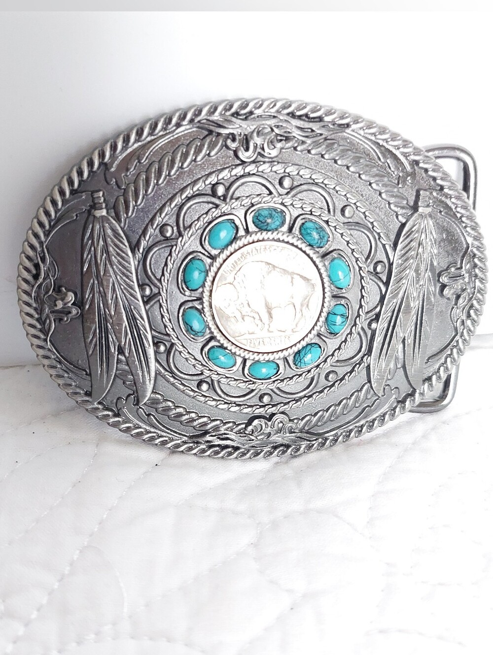 Southwestern Feather Buffalo Nickel Coin with Faux Turquoise Stone Belt Buckle